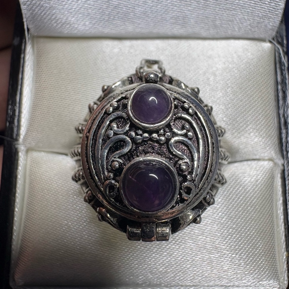 Poison Ring Silver Amethyst Gemstones Locket Compartment